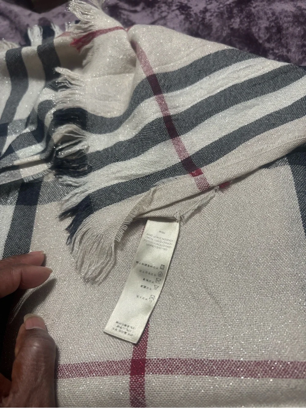 Burberry Checked scarf/ Wrap in Cream, Black and Red Accent